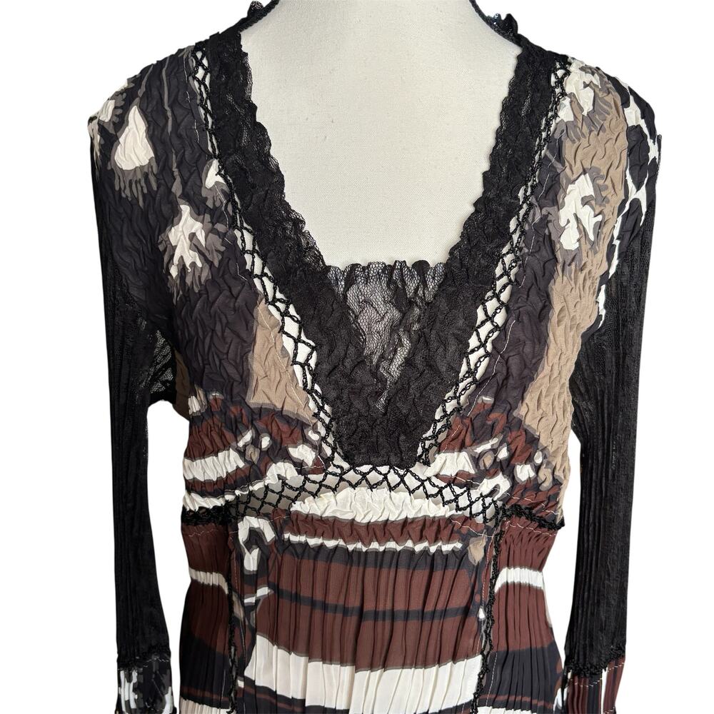 Alberto Makali Sheer Blouse Large Y2K Boho Crinkle Abstract Lace Stretchy Career - Picture 2 of 10